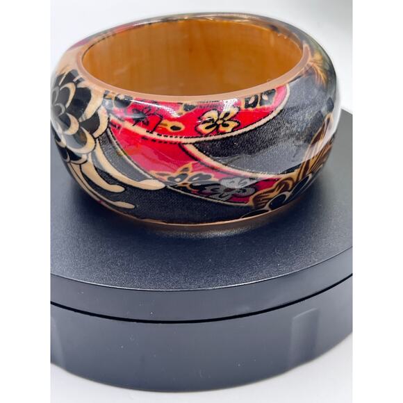 Vintage Lucite Paisley Wide Black Red Retro Floral Chunky Smooth Bangle Bracelet - Picture 4 of 8